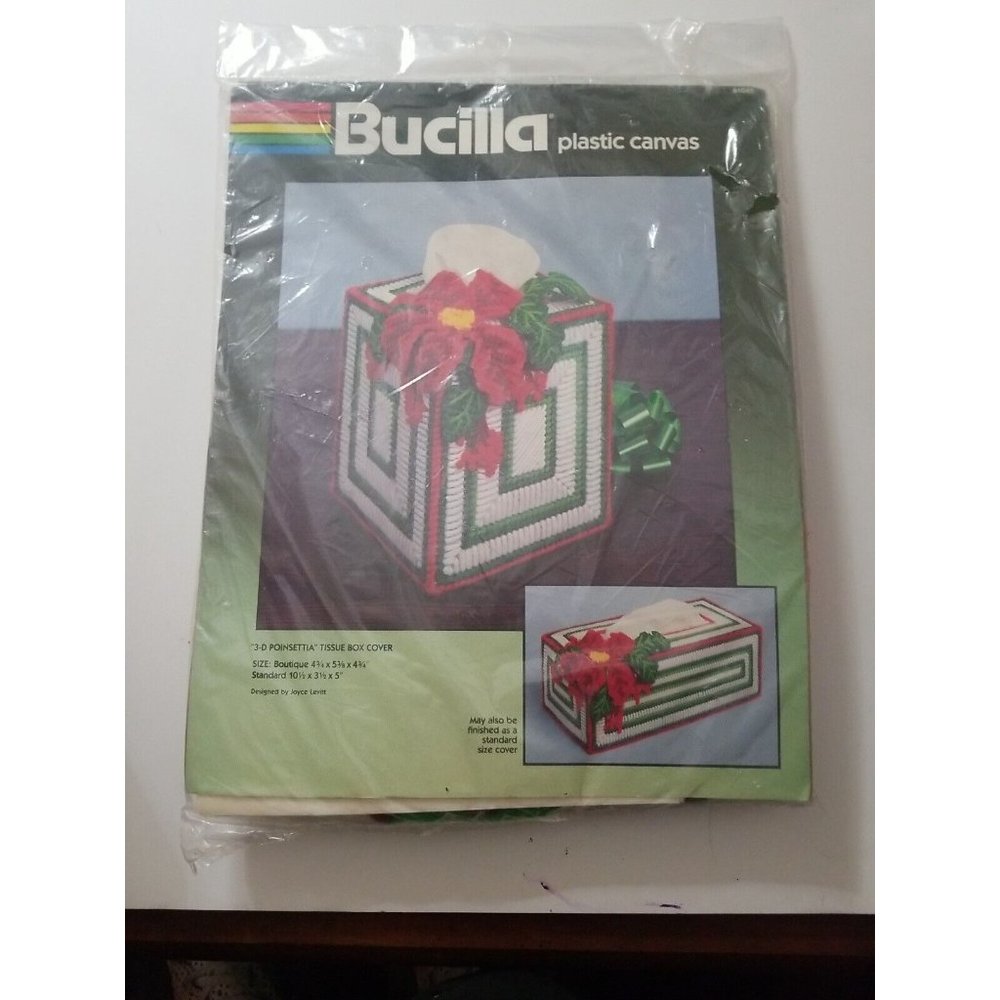 Bucilla Christmas Plastic Canvas 3D  Poinsettia Tissue Box Cover NEW